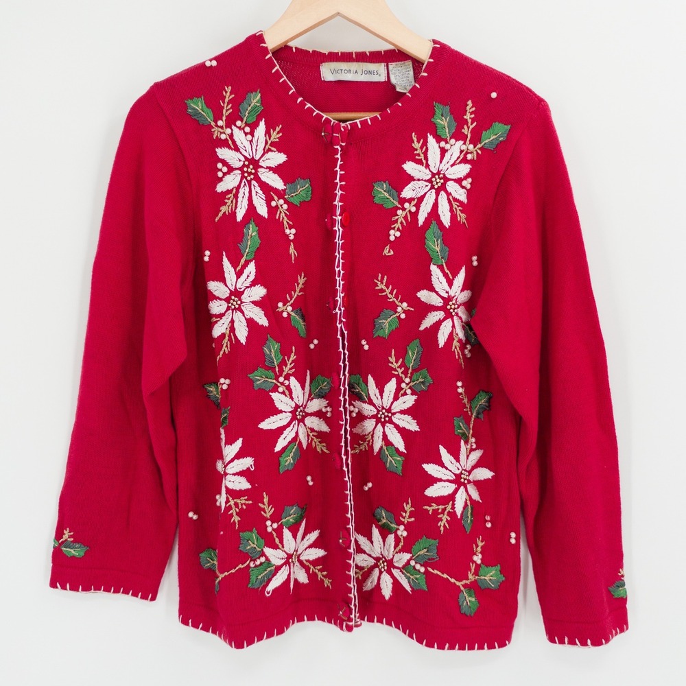 Vintage 90s Christmas Cardigan Women M Red Poinsettia Embroidered Beaded Holiday